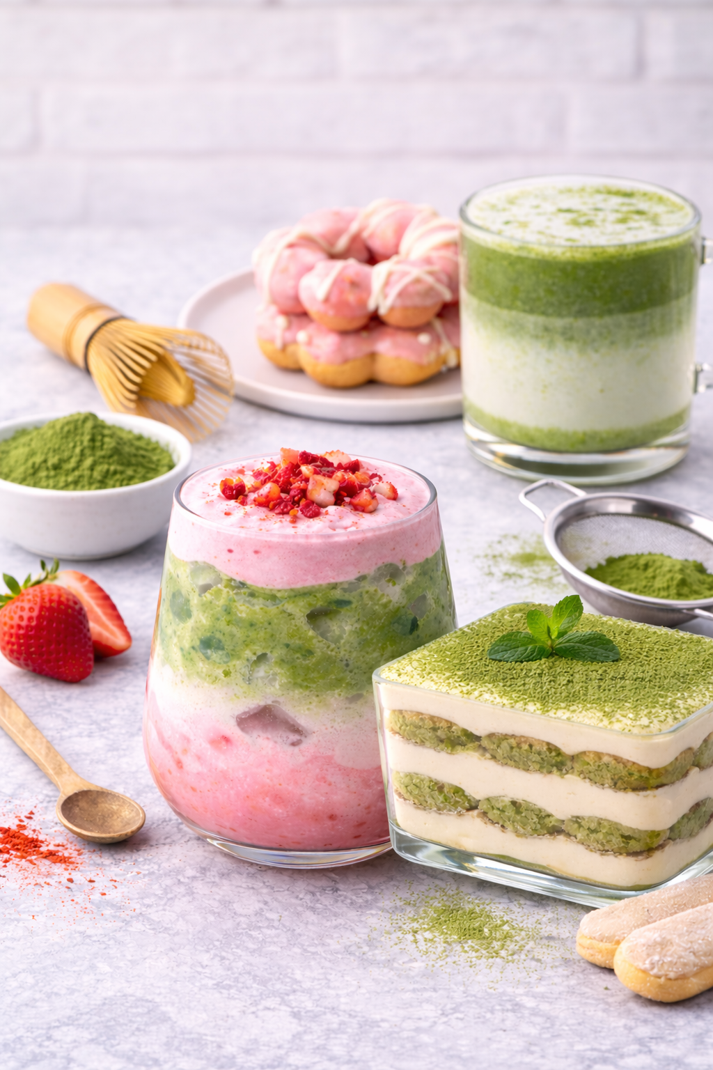 Strawberry cloud matcha latte aesthetic